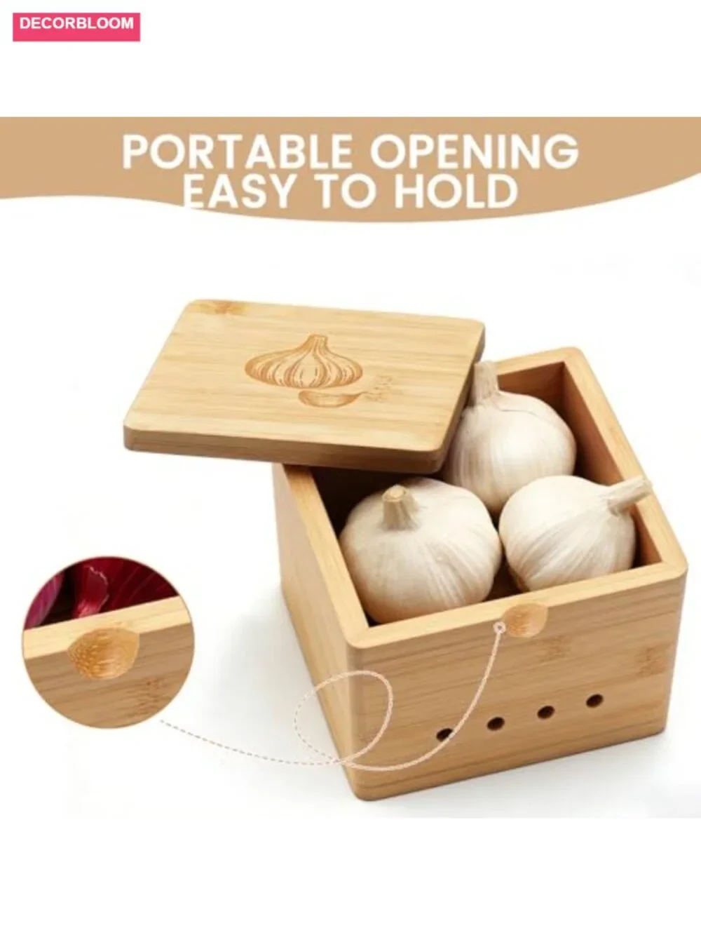 Bamboo Garlic Keeper Large Counter Storage with Lid
